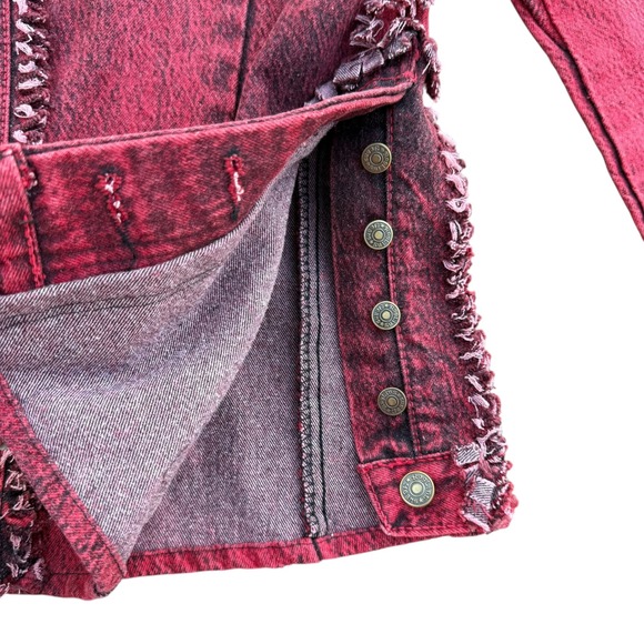 Vintage Roglins Jacket Red Acid Wash Denim Fringe Trim Boho Festival - Picture 11 of 15